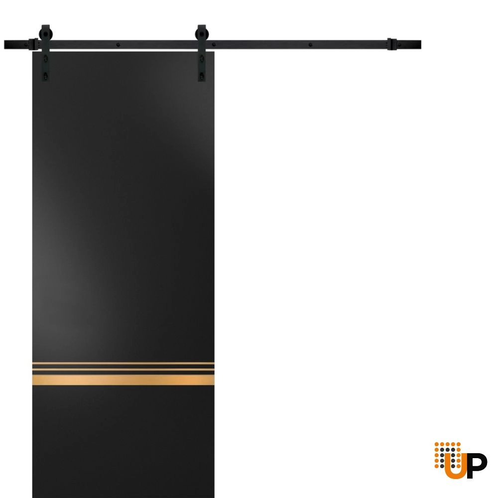 Single solid wood with honeycomb sliding modern interior barn door | Planum 2010 Black Matte | 18 x 80 photo#1