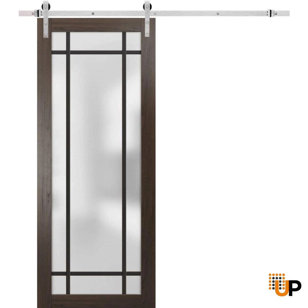 Single solid core sliding luxury interior barn door with frosted glass | Planum 2112 Chocolate Ash | 18 x 80 photo#1