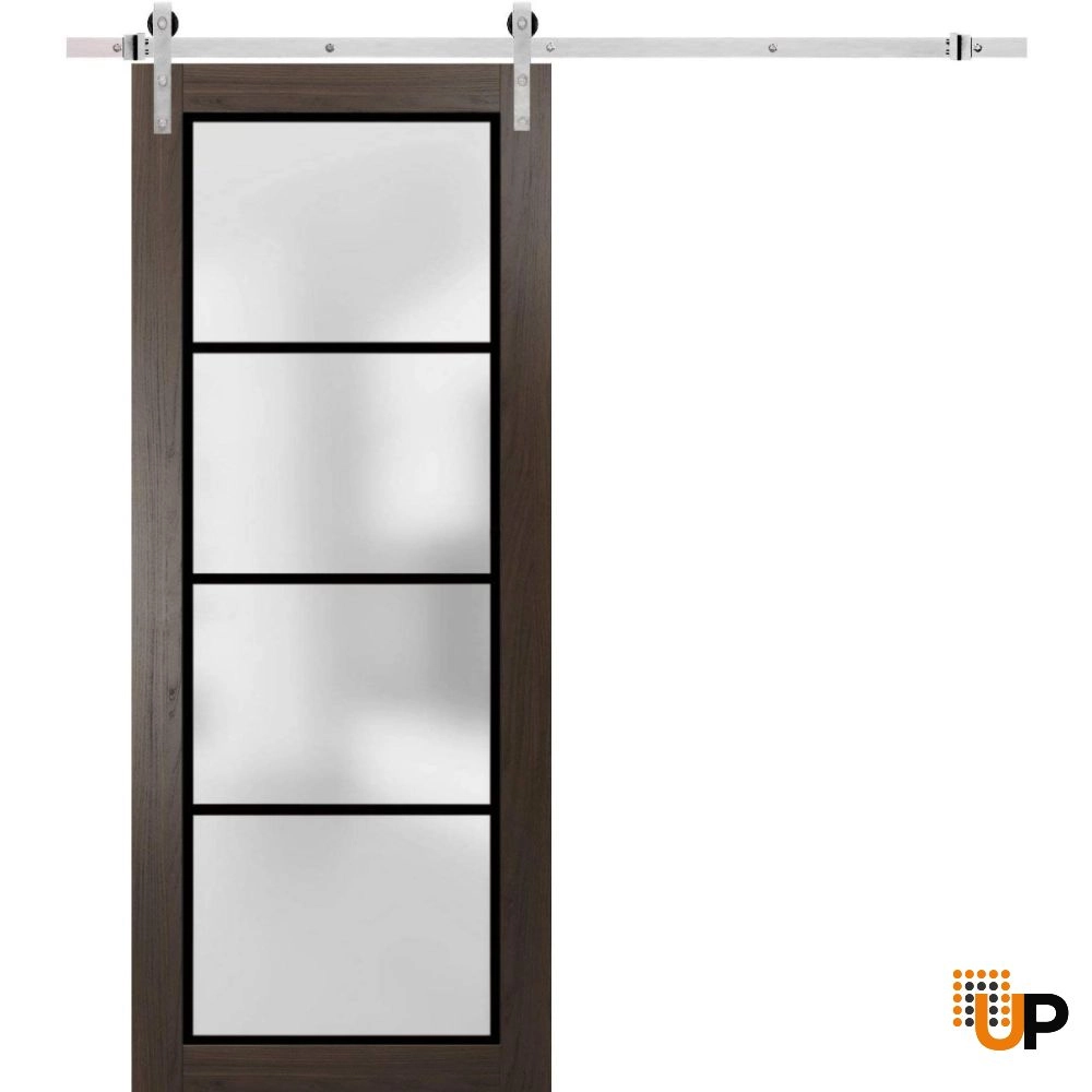 Single solid core sliding luxury interior barn door with frosted glass | Planum 2132 Chocolate Ash | 18 x 80 photo#1