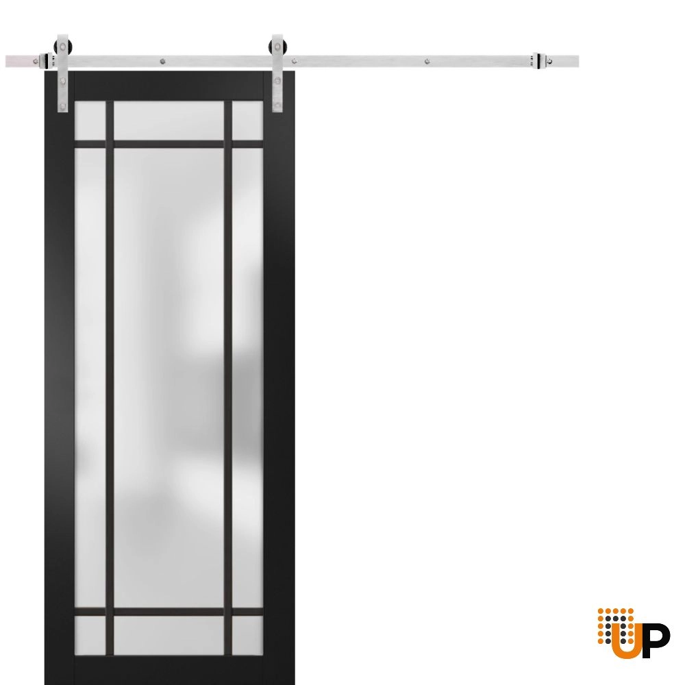 Single solid core sliding luxury interior barn door with frosted glass | Planum 2112 Black Matte | 18 x 80 photo#1