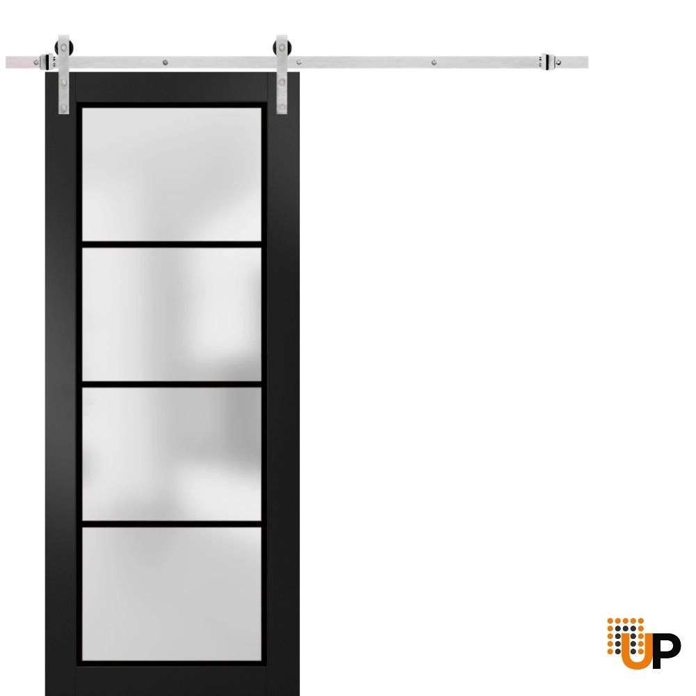 Single solid core sliding luxury interior barn door with frosted glass | Planum 2132 Black Matte | 18 x 80 photo#1