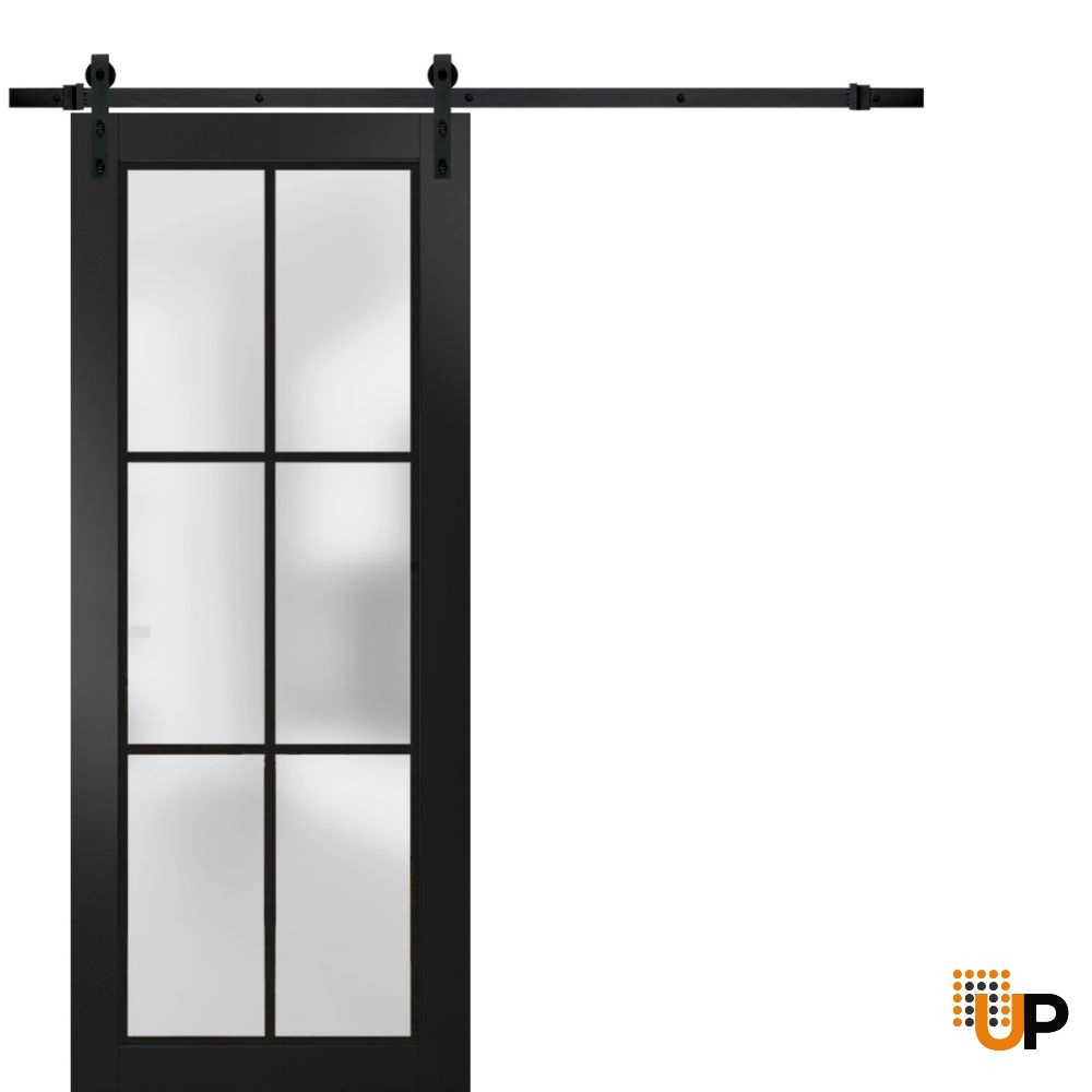 Single solid core sliding luxury interior barn door with frosted glass | Planum 2122 Black Matte | 18 x 80 photo#1