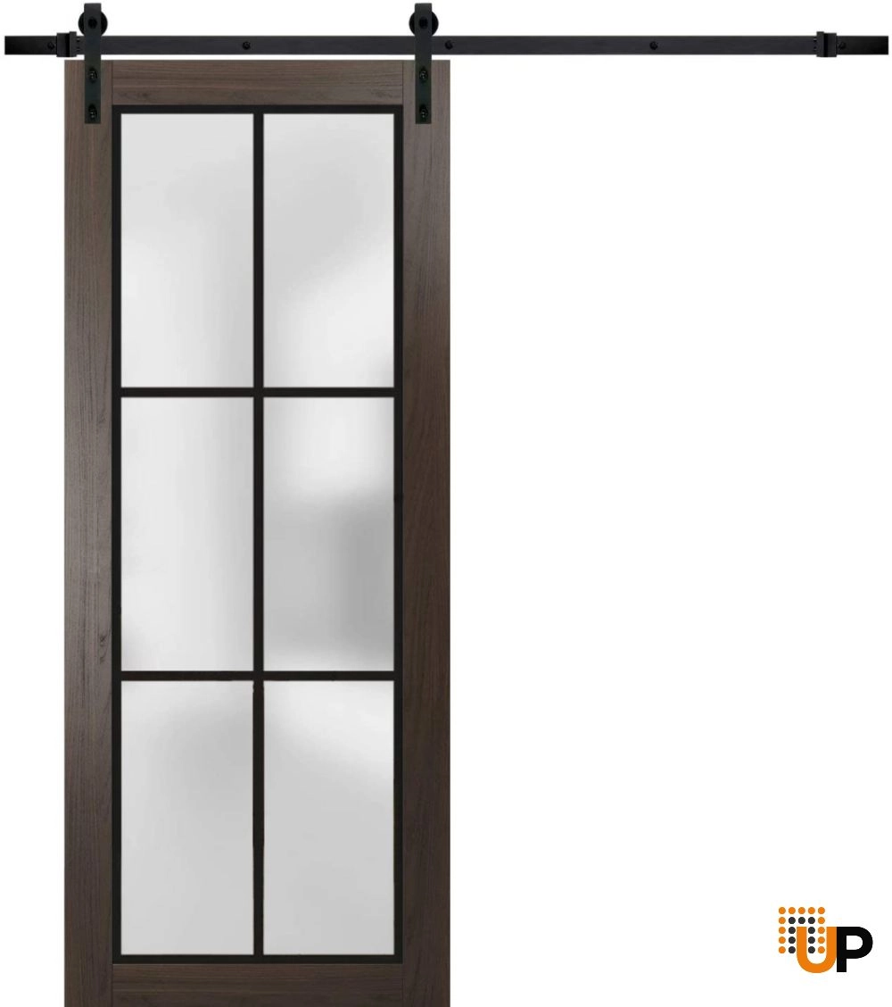 Single solid core sliding luxury interior barn door with frosted glass | Planum 2122 Chocolate Ash | 18 x 80 photo#1