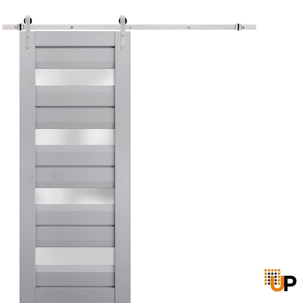 Single laminate sliding modern interior barn door with frosted glass | Veregio 7455 Matte Grey | 18 x 80 photo#1