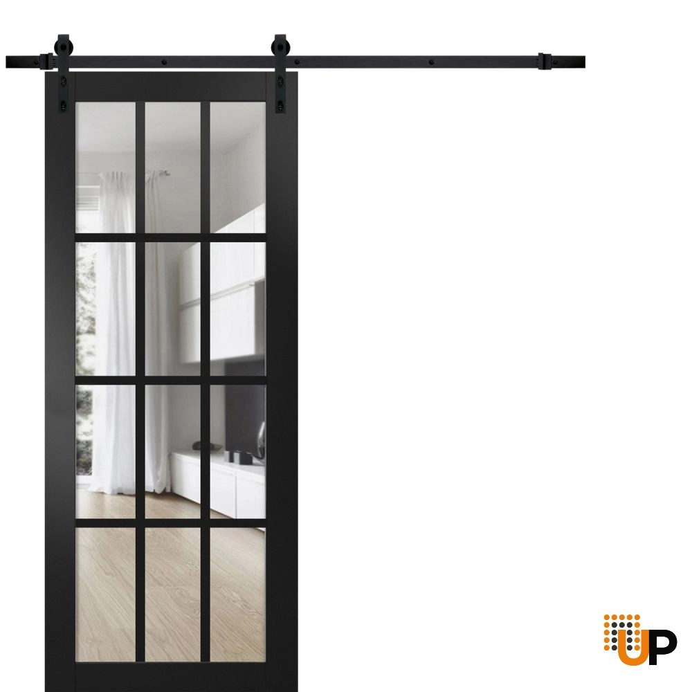 Single solid core sliding classic interior barn door with clear glass | Felicia 3355 Black Matte | 18 x 80 photo#1
