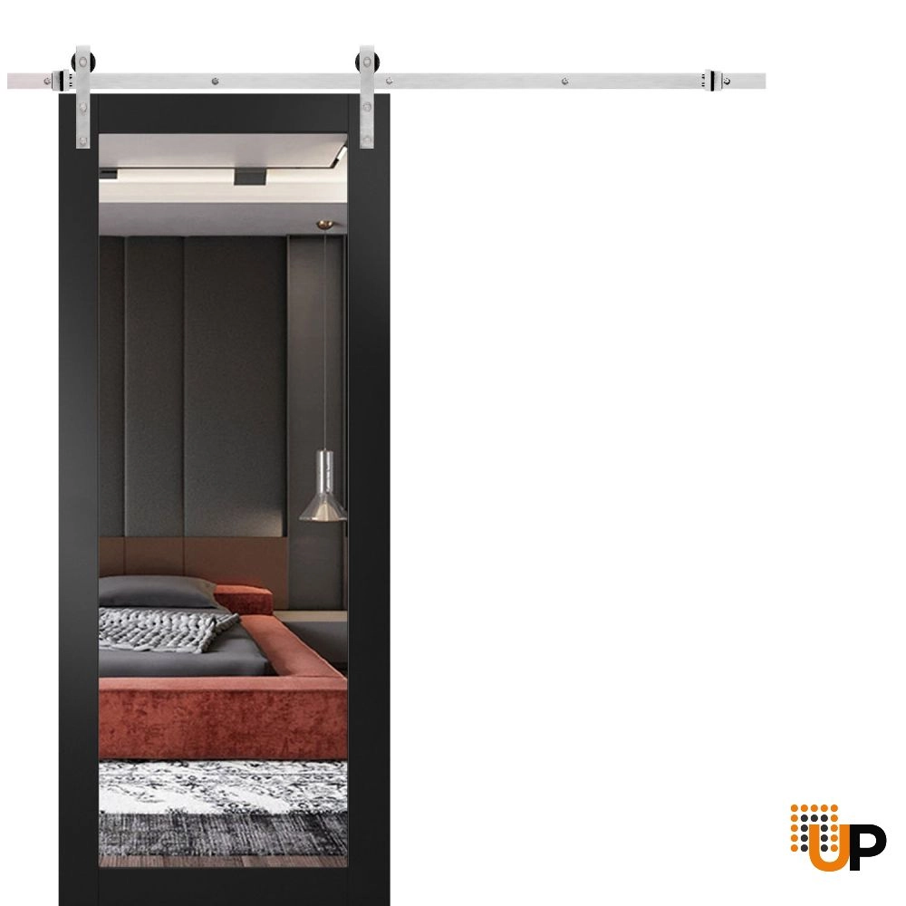 Single solid core sliding luxury interior barn door with mirror glass | Lucia 1299 Black Matte | 18 x 80 photo#1