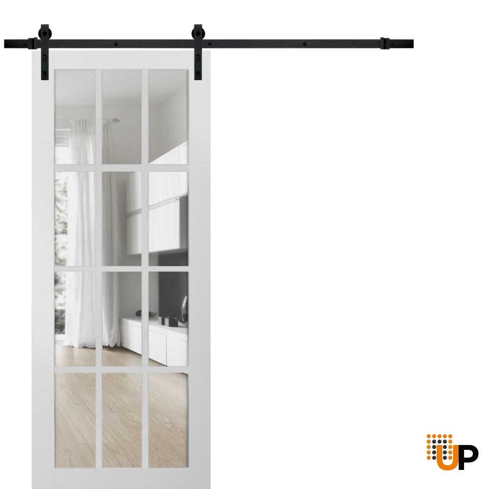 Single solid core sliding classic interior barn door with clear glass | Felicia 3355 White | 18 x 80 photo#1