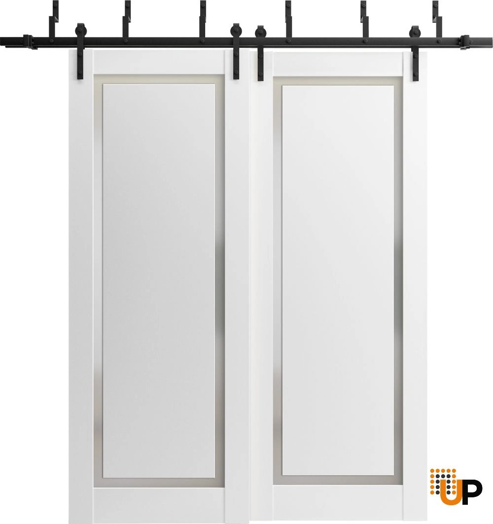 Double solid core sliding interior barn bypass door with frosted glass | Planum 0888 Painted White | 36 x 80 (2* 18x80) photo#1