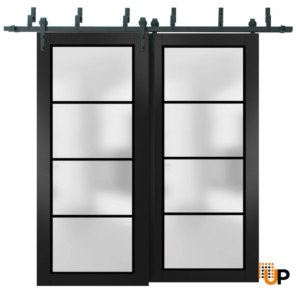 Double solid core sliding luxury interior barn bypass door with frosted glass | Planum 2132 Black Matte | 36 x 80 (2* 18x80) photo#1