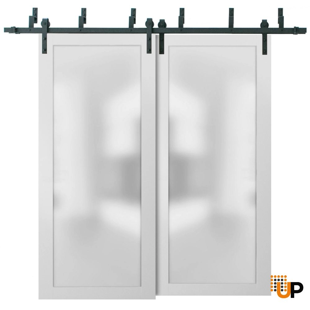 Double solid core sliding luxury interior barn bypass door with frosted glass | Planum 2102 White | 36 x 80 (2* 18x80) photo#1