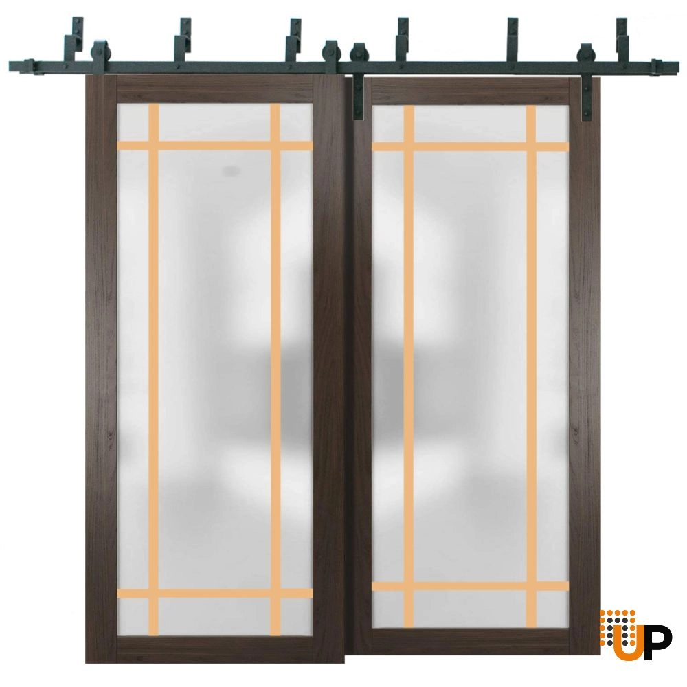 Double solid core sliding luxury interior barn bypass door with frosted glass | Planum 2113 Chocolate Ash | 36 x 80 (2* 18x80) photo#1