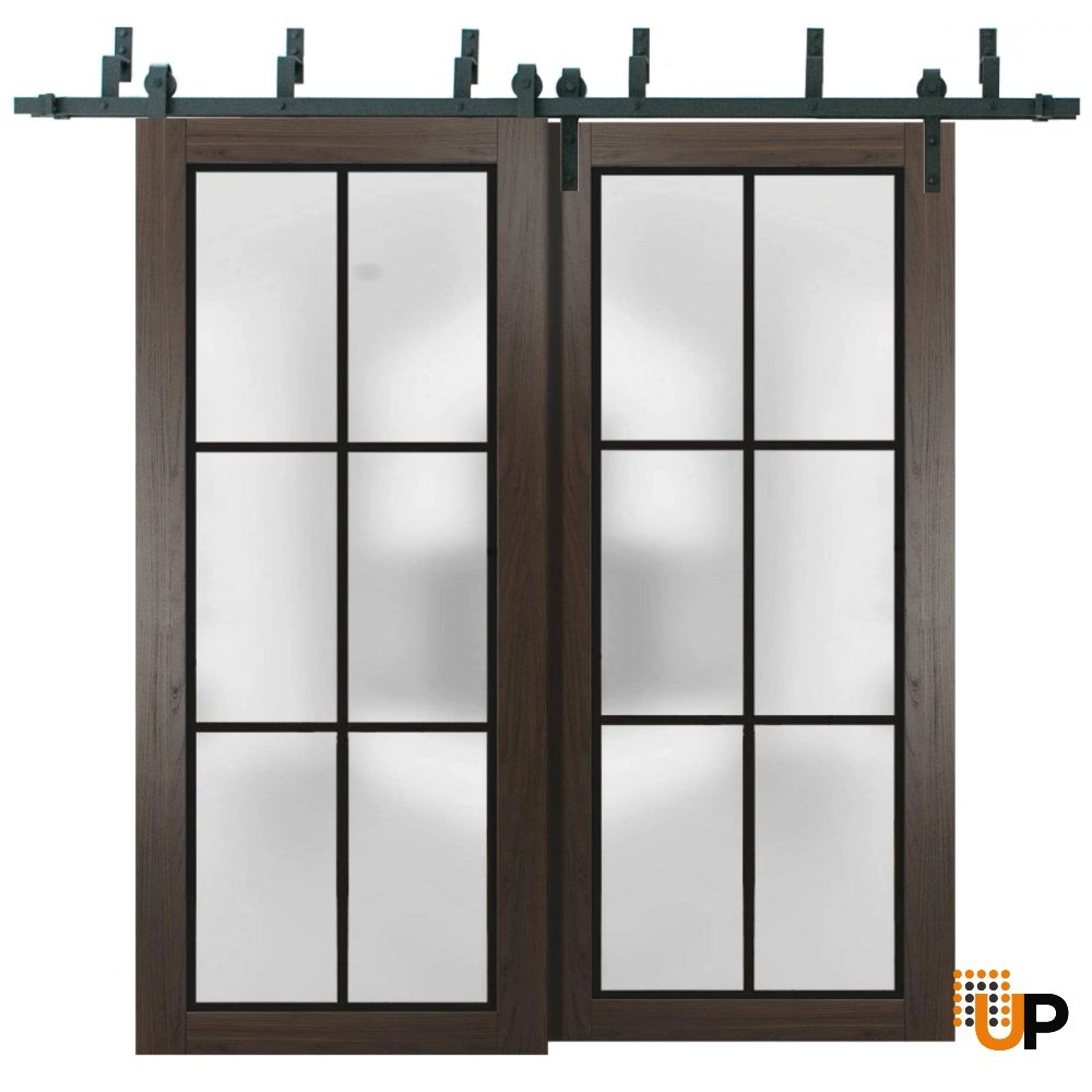 Double solid core sliding luxury interior barn bypass door with frosted glass | Planum 2122 Chocolate Ash | 36 x 80 (2* 18x80) photo#1