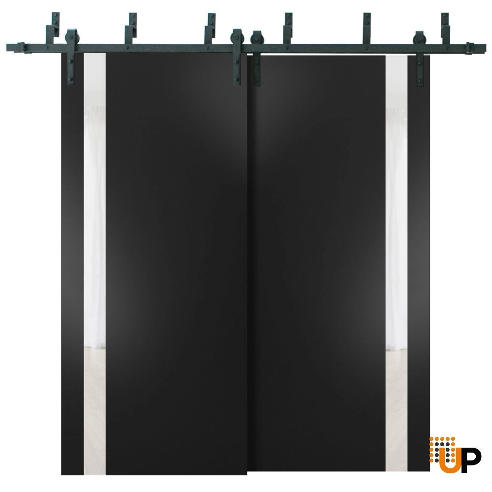 Double solid core sliding interior barn bypass door with frosted glass | Planum 0040 Black Matte | 36 x 80 (2* 18x80) photo#1