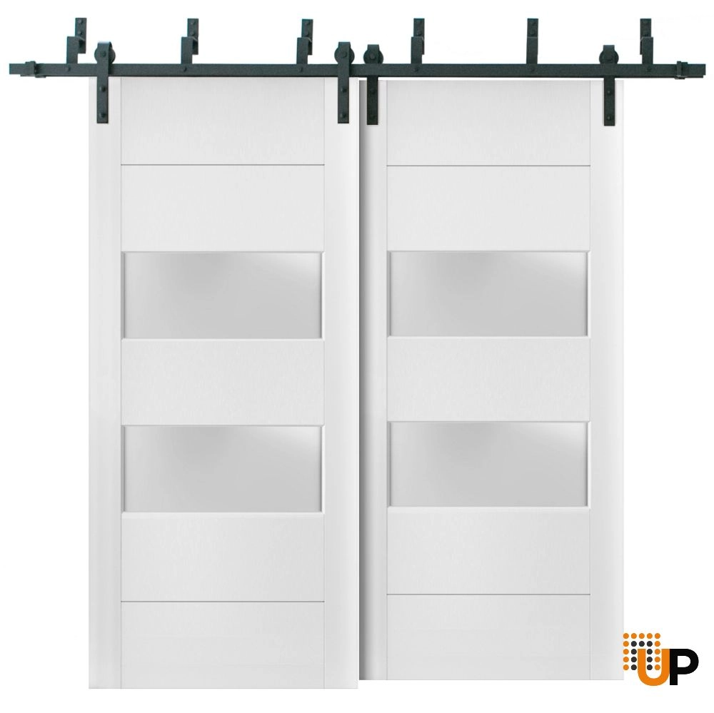 Double solid core sliding interior barn bypass door with frosted glass | Lucia 4010 White | 36 x 84 (2* 18x84) photo#1