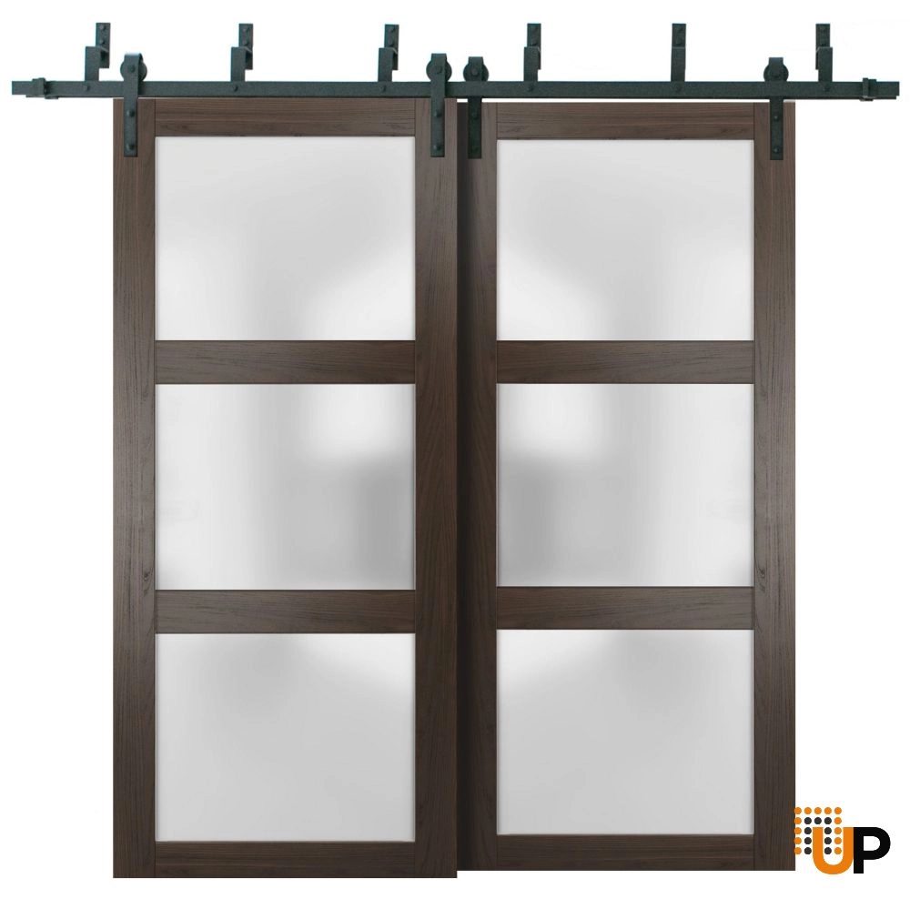 Double solid core sliding luxury interior barn bypass door with frosted glass | Lucia 2552 Chocolate Ash | 36 x 80 (2* 18x80) photo#1