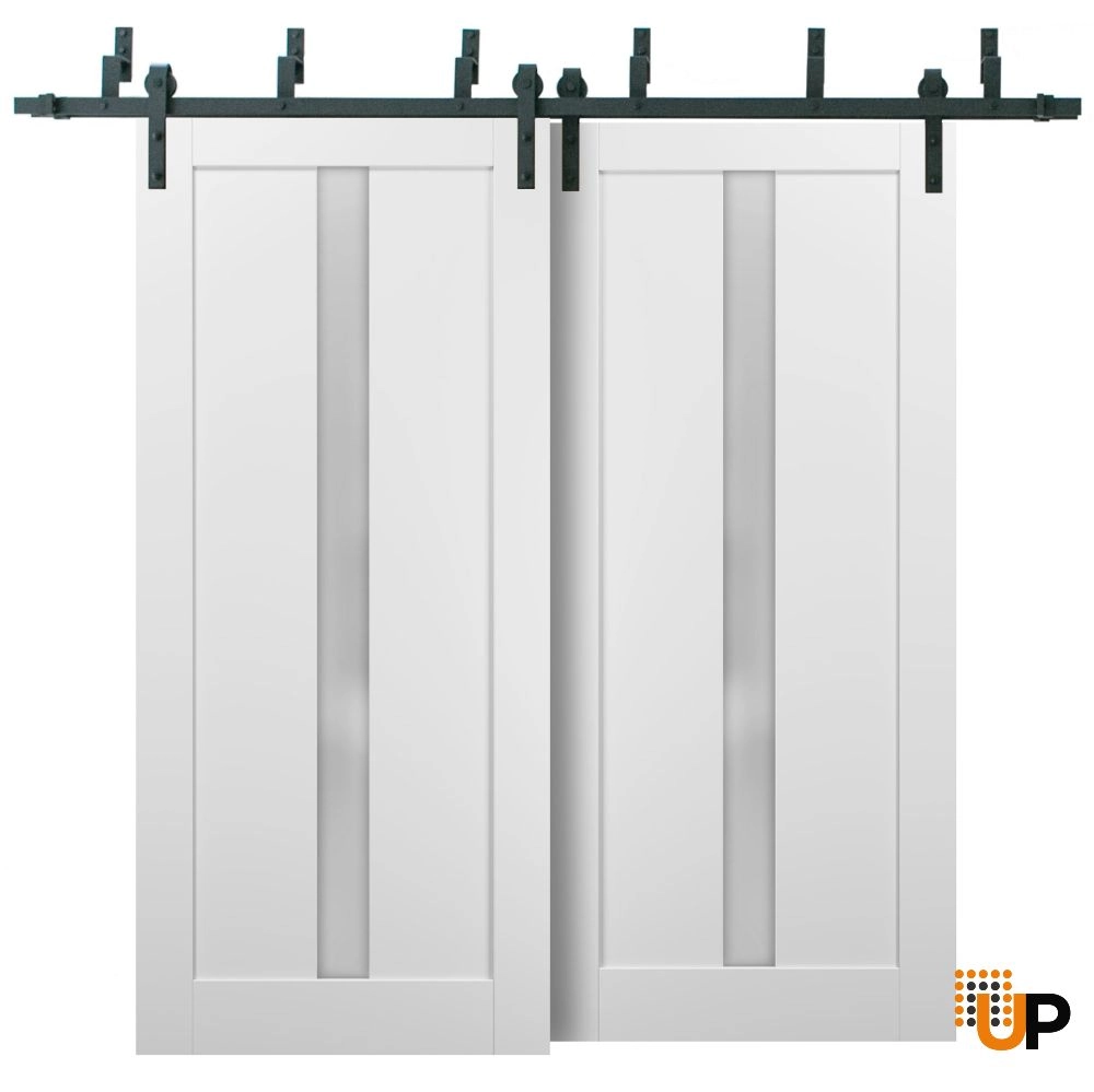 Double mdf sliding interior barn bypass door with frosted glass | Quadro 4112 White | 36 x 80 (2* 18x80) photo#1