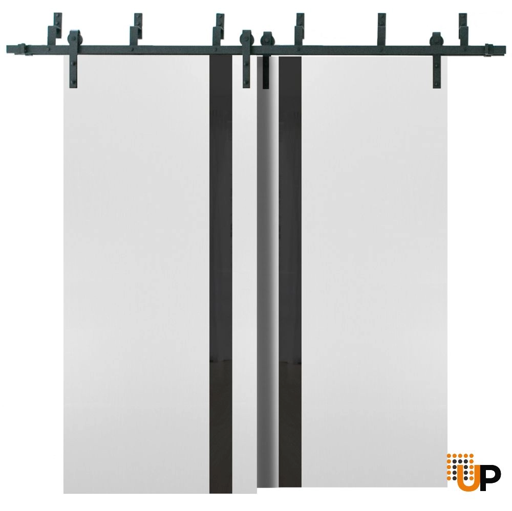 Double solid core sliding interior barn bypass door with black glass | Planum 0040 White | 36 x 80 (2* 18x80) photo#1