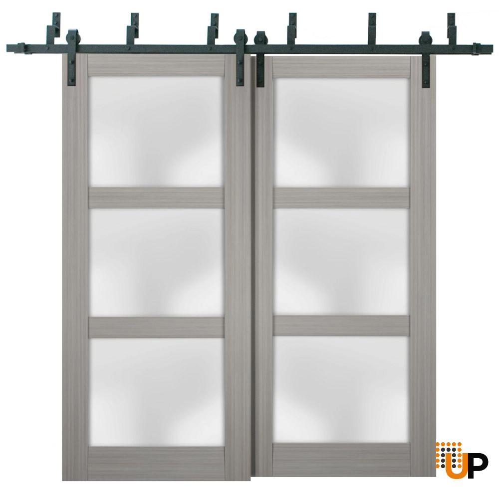 Double solid core sliding luxury interior barn bypass door with frosted glass | Lucia 2552 Ginger Ash | 36 x 80 (2* 18x80) photo#1