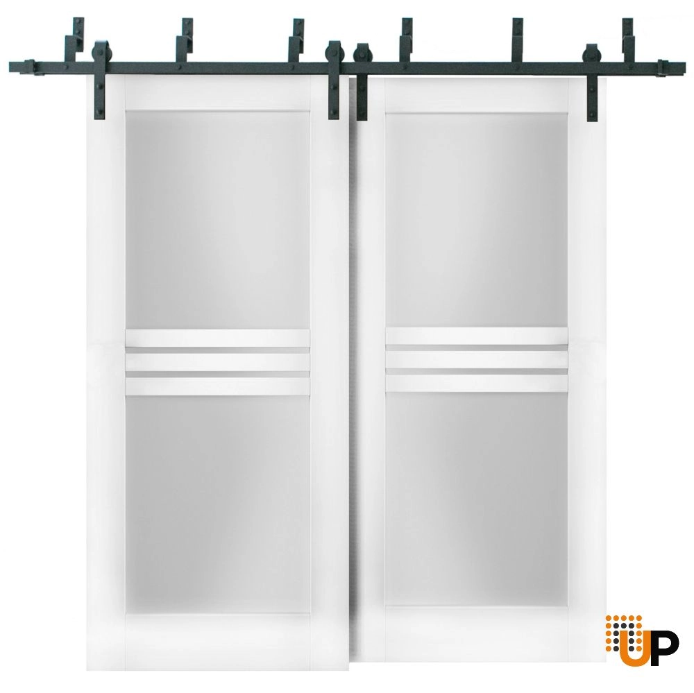 Double mdf sliding interior barn bypass door with frosted glass | Mela 7222 White | 60 x 96 (2* 30x96) photo#2
