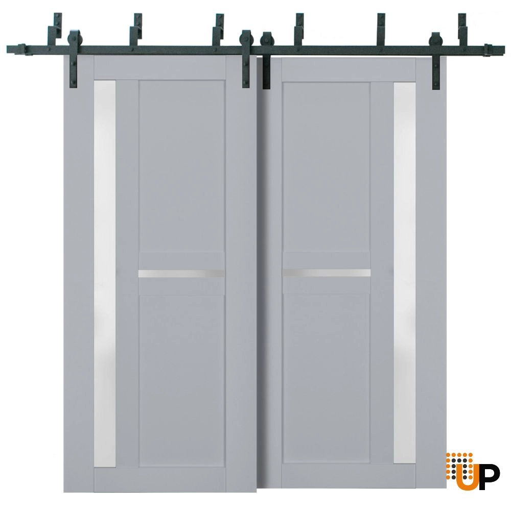 Double laminate sliding modern interior barn bypass door with frosted glass | Veregio 7288 Matte Grey | 36 x 80 (2* 18x80) photo#1
