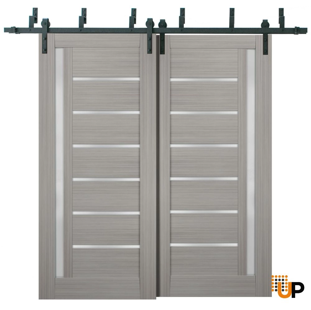 Double mdf sliding modern interior barn bypass door with frosted glass | Quadro 4088  Ginger Ash | 36 x 80 (2* 18x80) photo#1