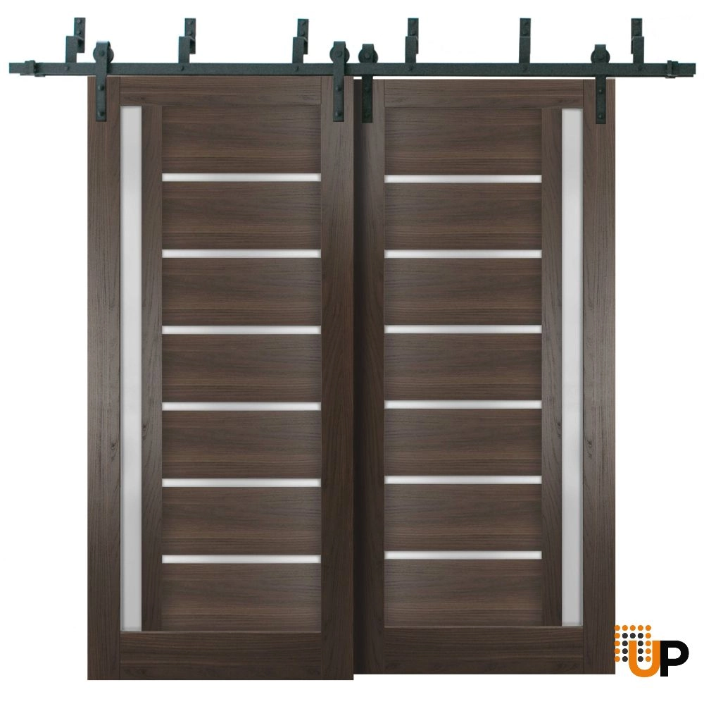 Double mdf sliding modern interior barn bypass door with frosted glass | Quadro 4088  Chocolate Ash | 36 x 80 (2* 18x80) photo#1