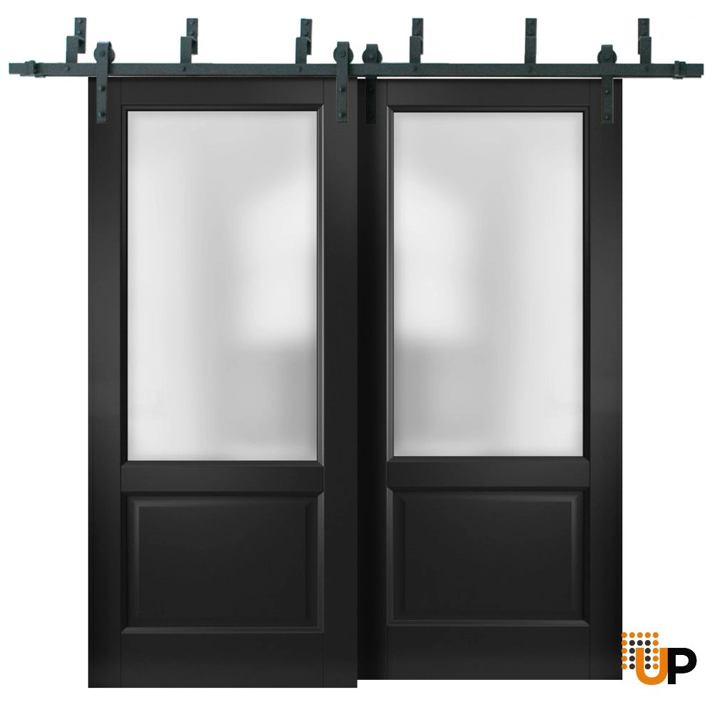 Double solid core sliding classic interior barn bypass door with frosted glass | Lucia 22 Black Matte | 36 x 80 (2* 18x80) photo#1