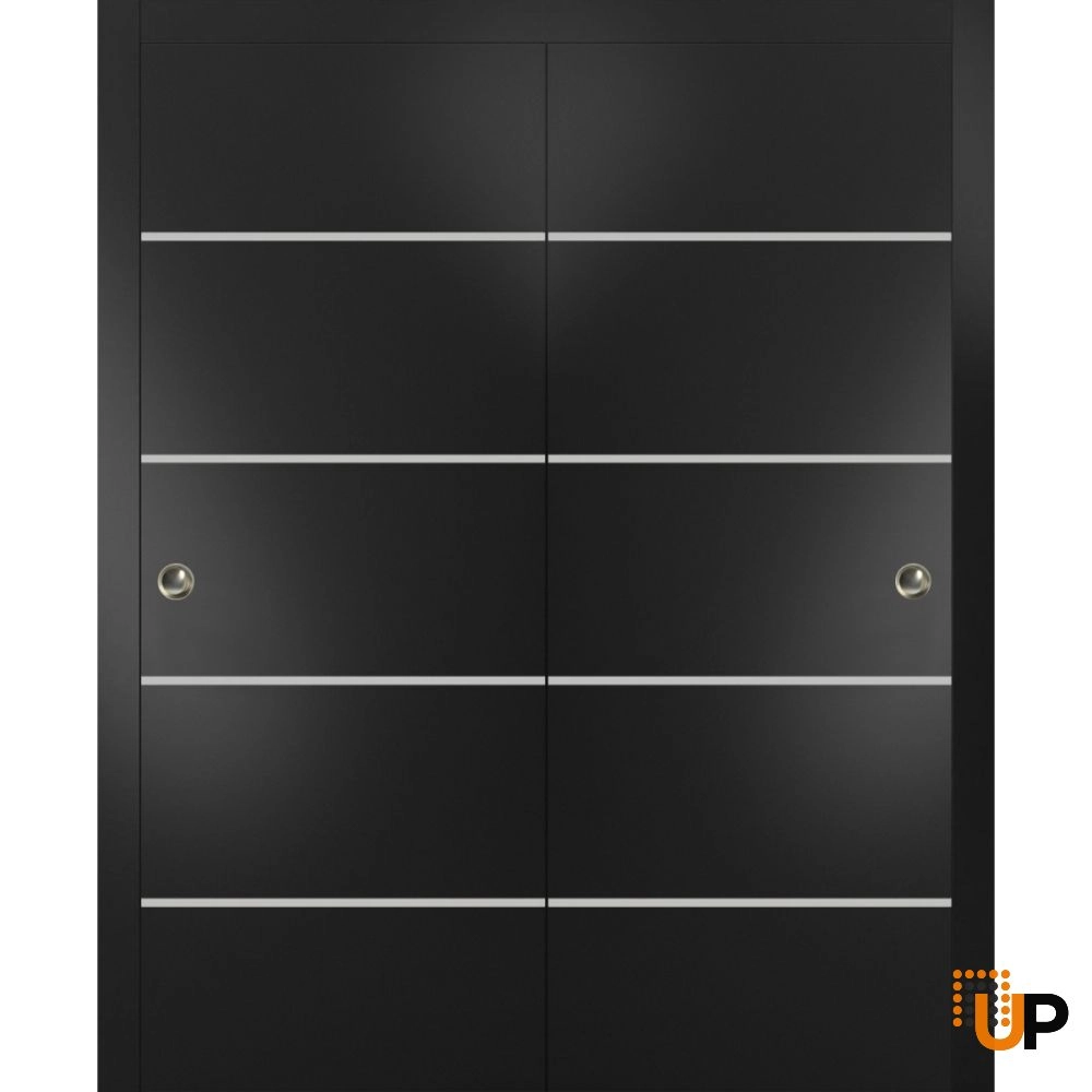 Double solid wood with honeycomb sliding modern interior closet bypass door | Planum 0210 Black Matte | 36 x 80 (2* 18x80) photo#1