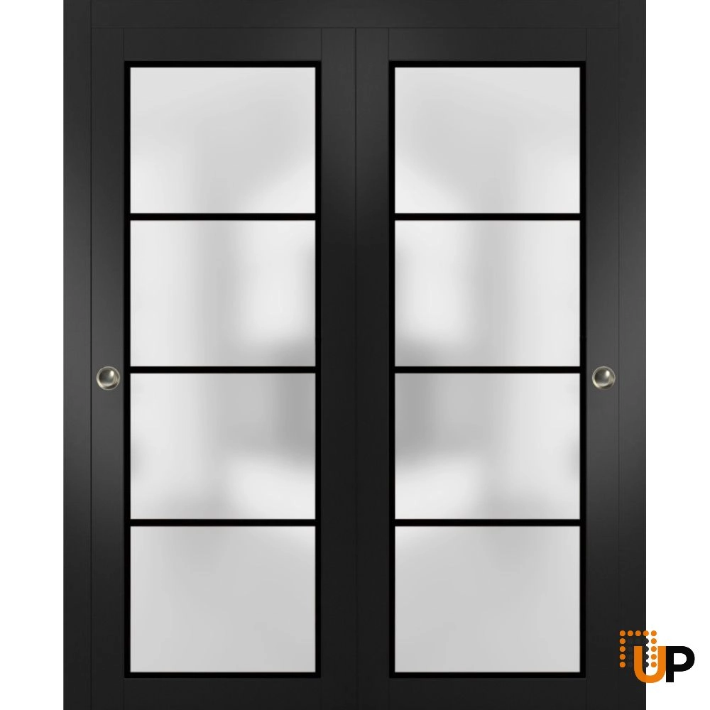 Double solid core sliding luxury interior closet bypass door with frosted glass | Planum 2132 Black Matte | 36 x 80 (2* 18x80) photo#1