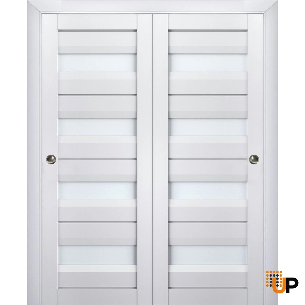 Double laminate sliding modern interior closet bypass door with frosted glass | Veregio 7455 White | 36 x 80 (2* 18x80) photo#1