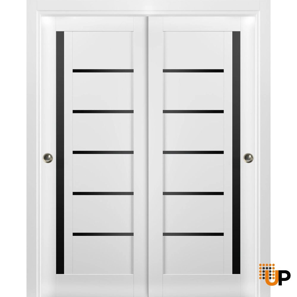 Double mdf sliding modern interior closet bypass door with black glass | Quadro 4588 White | 36 x 80 (2* 18x80) photo#1