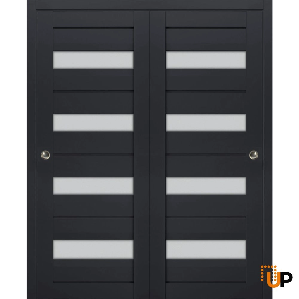 Double laminate sliding modern interior closet bypass door with frosted glass | Veregio 7455 Antracite | 36 x 80 (2* 18x80) photo#1