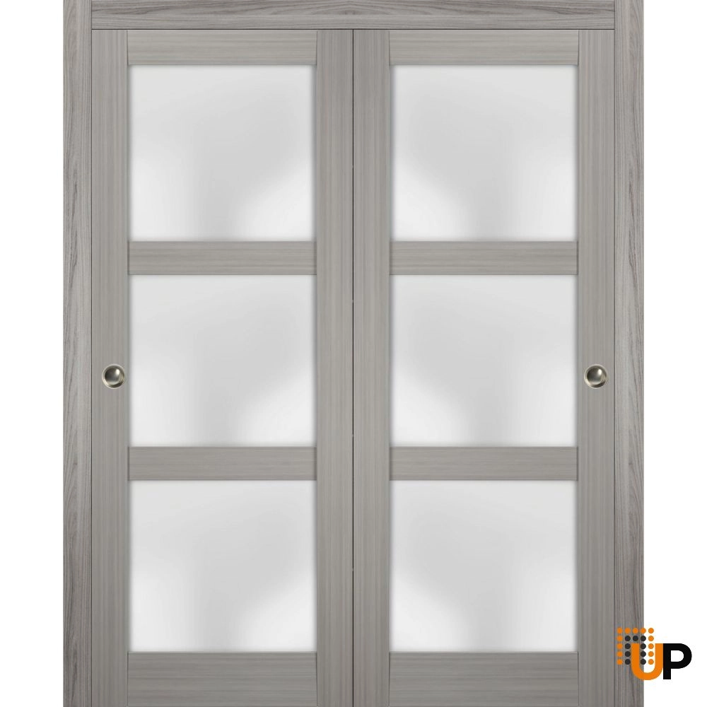 Double solid core sliding luxury interior closet bypass door with frosted glass | Lucia 2552 Ginger Ash | 36 x 80 (2* 18x80) photo#1