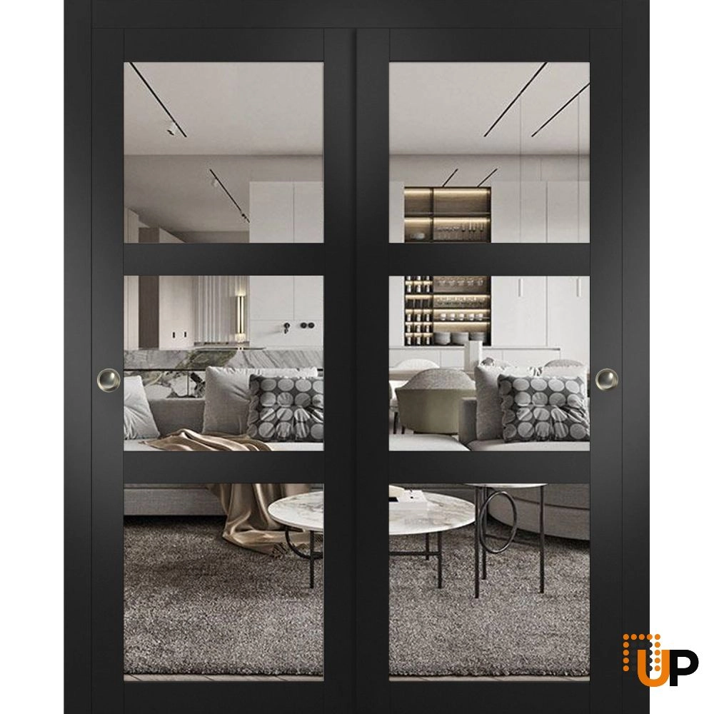 Double solid core sliding luxury interior closet bypass door with clear glass | Lucia 2555 Black Matte | 36 x 80 (2* 18x80) photo#1