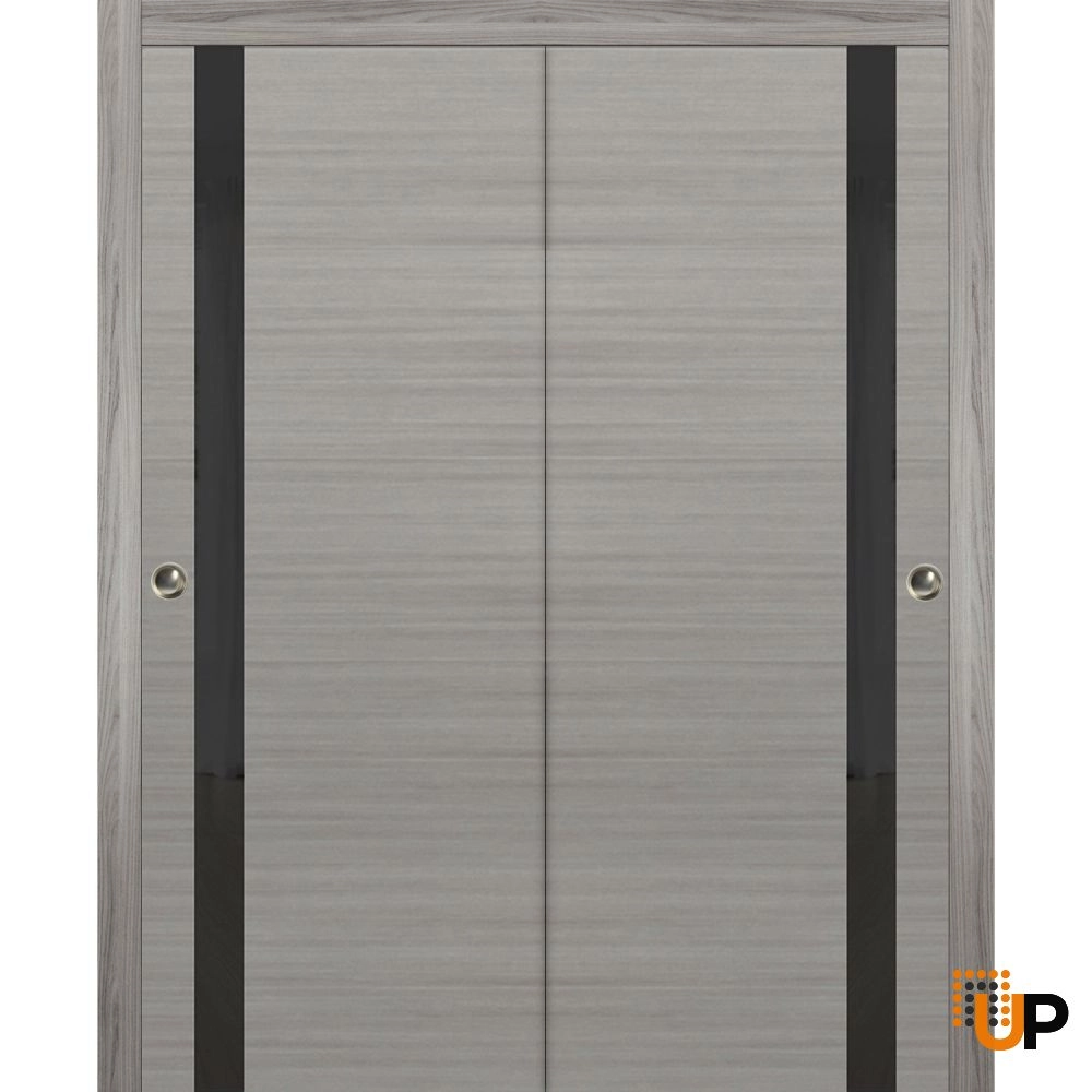Double solid core sliding interior closet bypass door with frosted glass | Planum 0040 Grey Oak | 36 x 80 (2* 18x80) photo#1