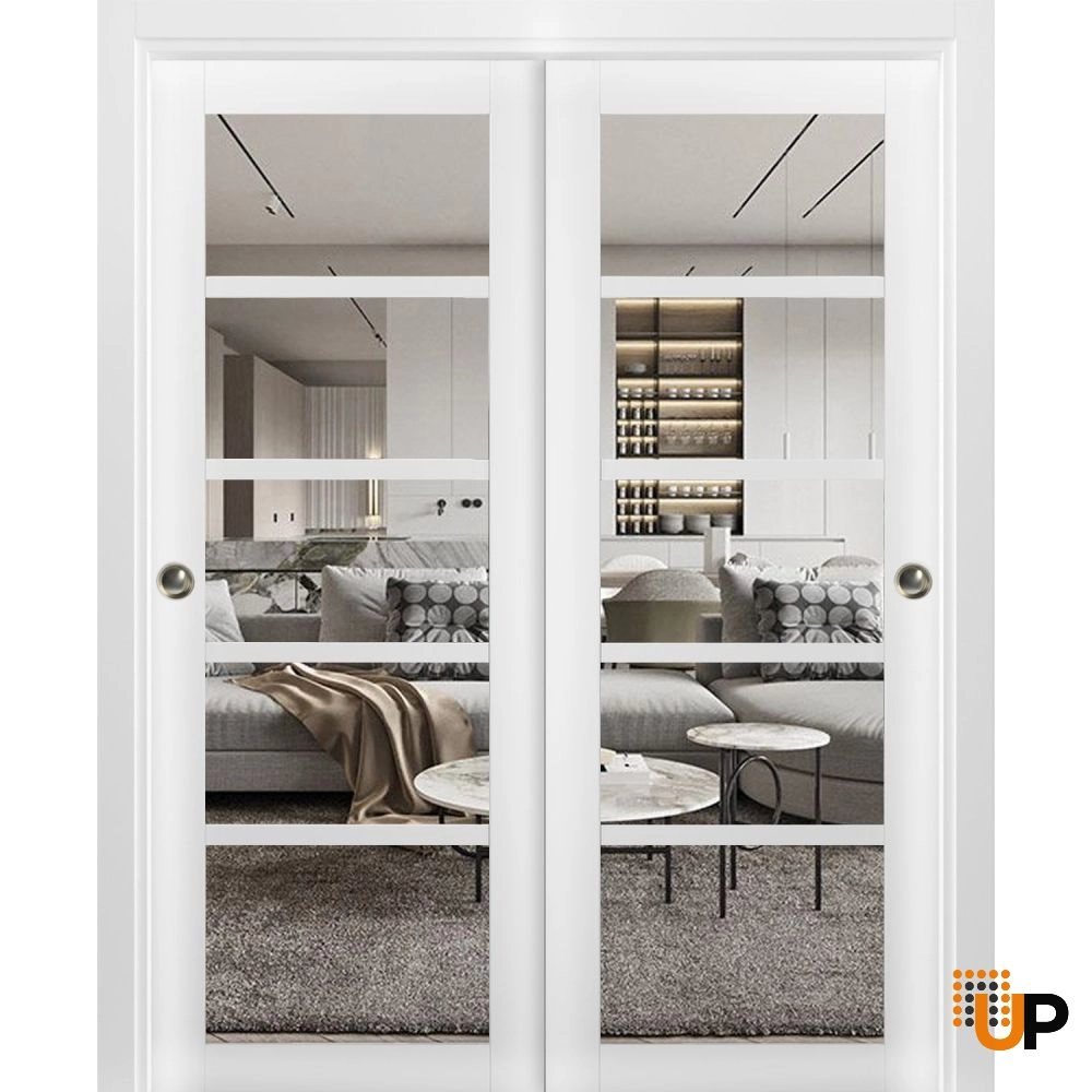 Double mdf sliding luxury interior closet bypass door with clear glass | Quadro 4522 White | 36 x 80 (2* 18x80) photo#1