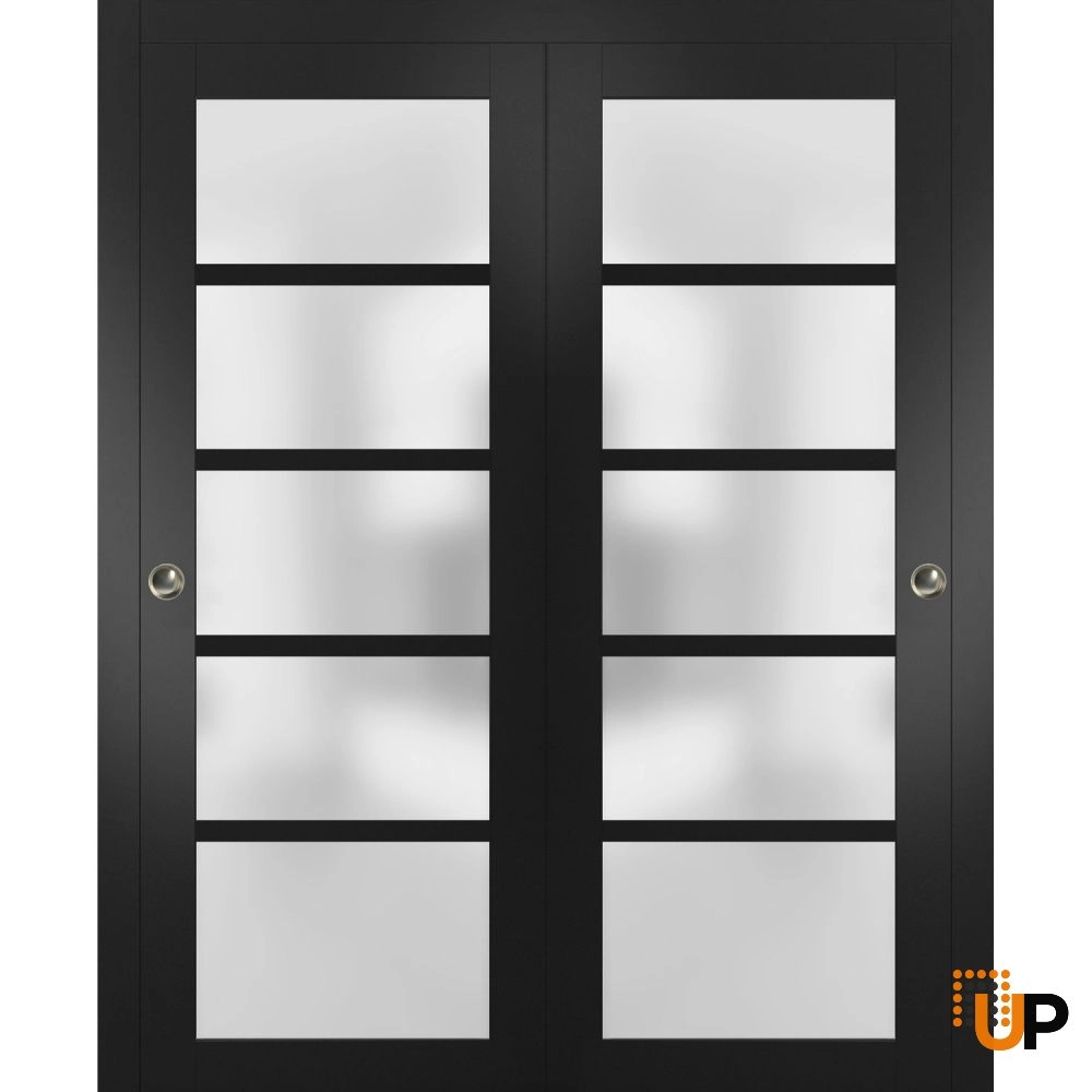 Double mdf sliding luxury interior closet bypass door with frosted glass | Quadro 4002  Black Matte | 36 x 80 (2* 18x80) photo#1