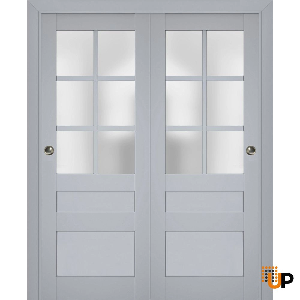 Double laminate sliding classic interior closet bypass door with frosted glass | Veregio 7339 Matte Grey | 36 x 80 (2* 18x80) photo#1
