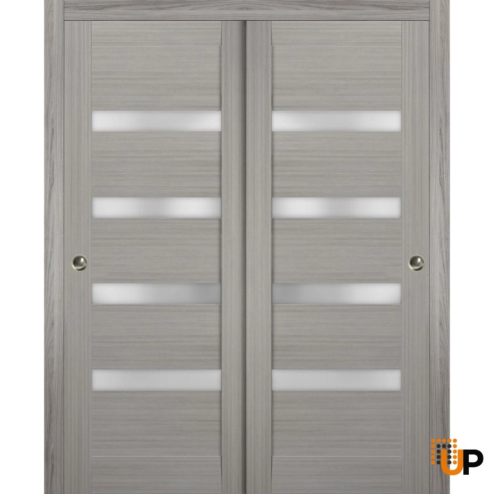 Double solid core sliding interior closet bypass door with frosted glass | Quadro 4113 Ginger Ash | 36 x 80 (2* 18x80) photo#1
