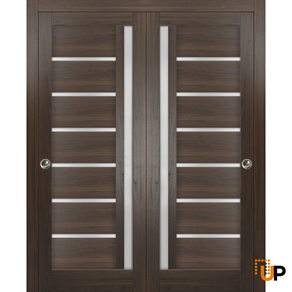 Double mdf sliding modern interior closet bypass door with frosted glass | Quadro 4088  Chocolate Ash | 36 x 80 (2* 18x80) photo#1