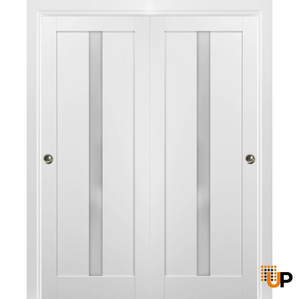 Double solid core sliding interior closet bypass door with frosted glass | Quadro 4112 White | 56 x 80 (2* 28x80) photo#1