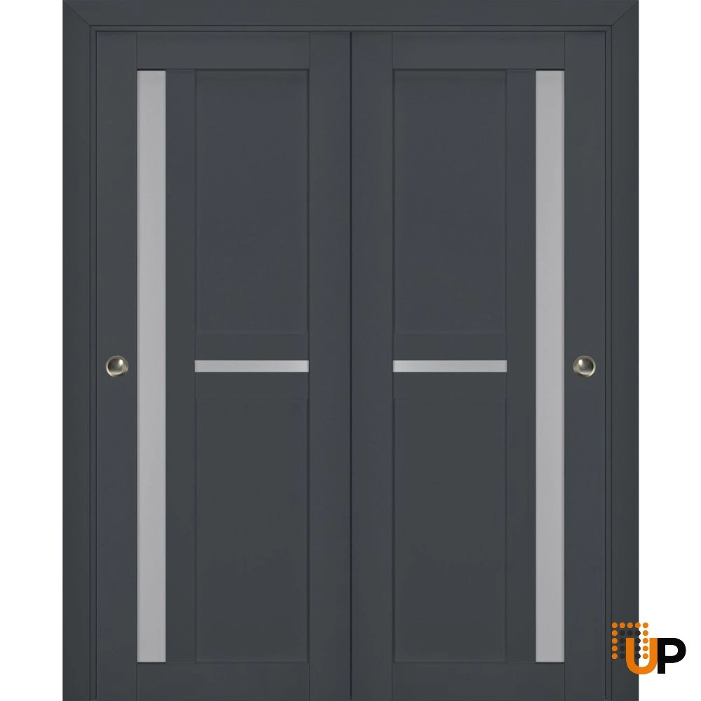 Double laminate sliding modern interior closet bypass door with frosted glass | Veregio 7288 Antracite | 36 x 80 (2* 18x80) photo#1