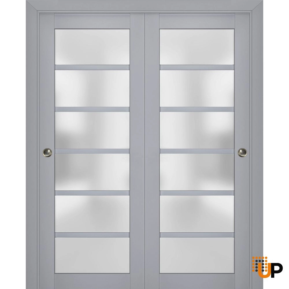 Double laminate sliding luxury interior closet bypass door with frosted glass | Veregio 7602 Matte Grey | 36 x 80 (2* 18x80) photo#1