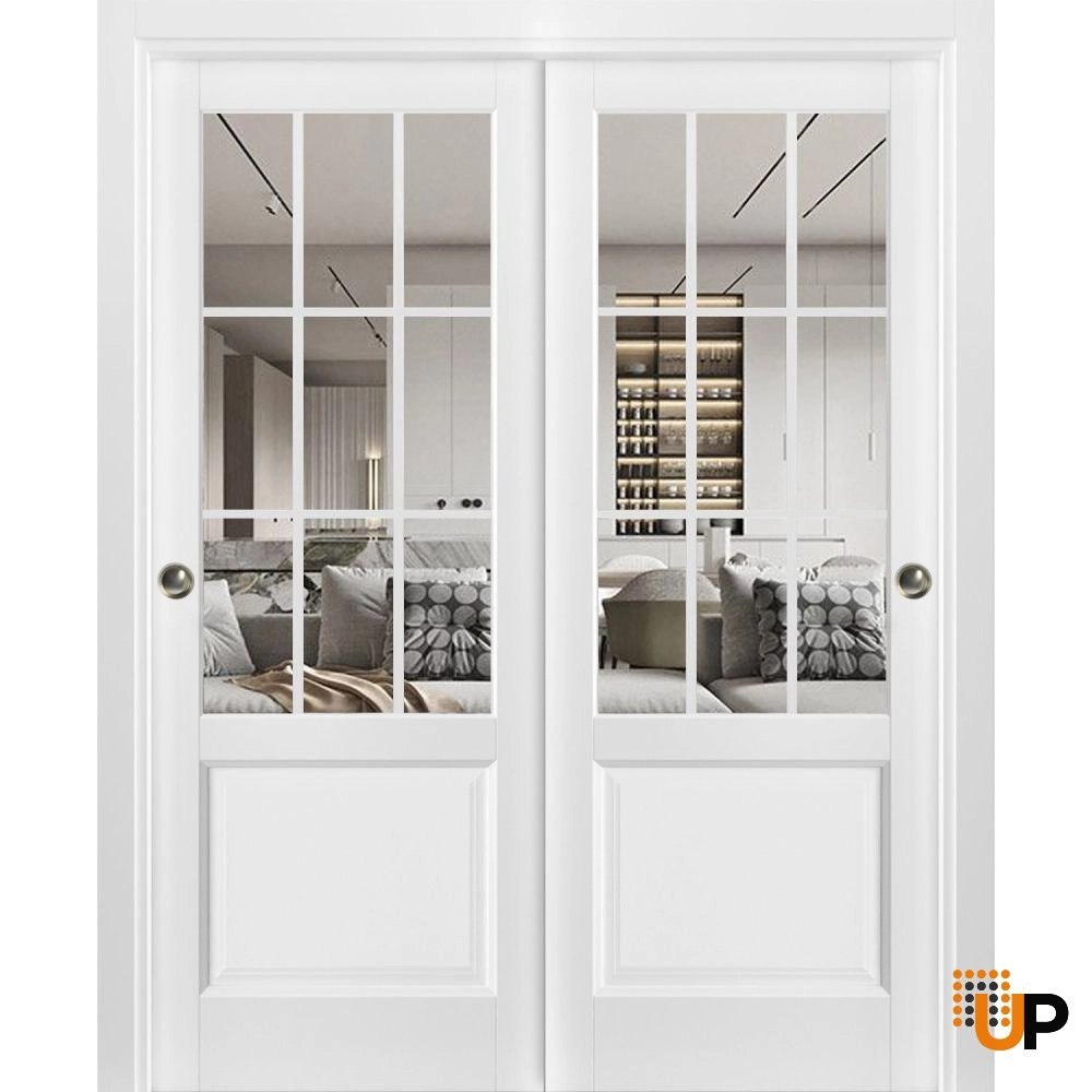Double solid core sliding classic interior closet bypass door with clear glass | Felicia 3599 White | 36 x 80 (2* 18x80) photo#1