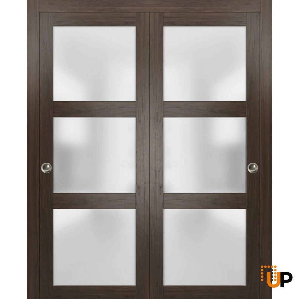 Double solid core sliding luxury interior closet bypass door with frosted glass | Lucia 2552 Chocolate Ash | 36 x 80 (2* 18x80) photo#1