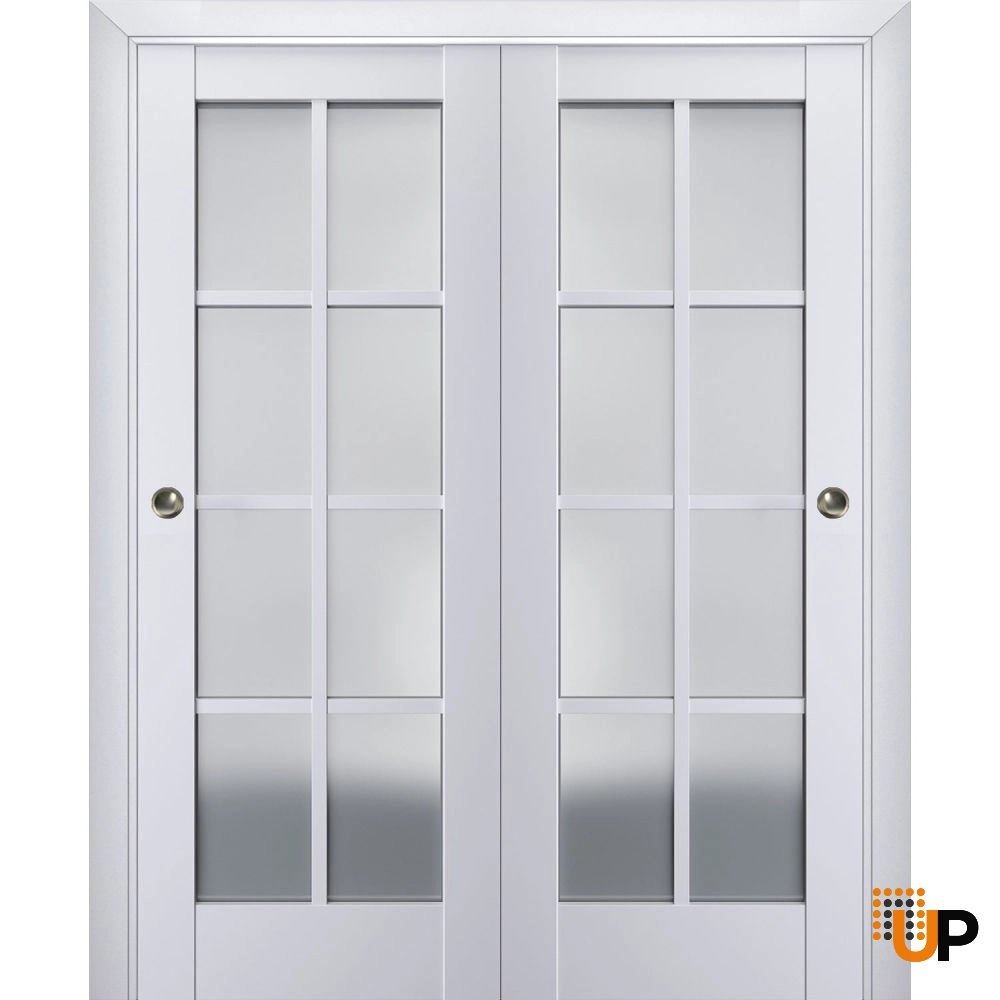Double laminate sliding classic interior closet bypass door with frosted glass | Veregio 7412 White | 36 x 80 (2* 18x80) photo#1