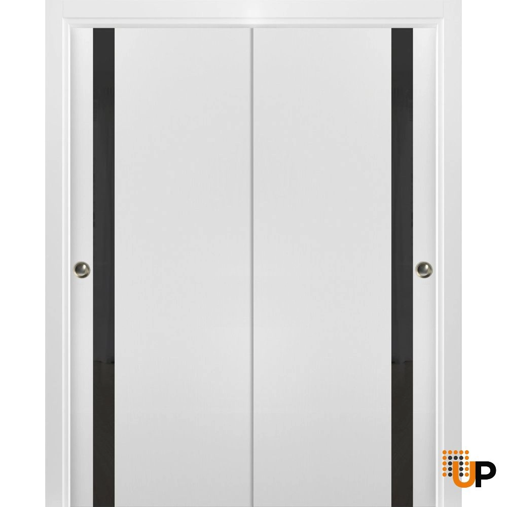 Double solid core sliding interior closet bypass door with black glass | Planum 0040 White | 36 x 80 (2* 18x80) photo#1