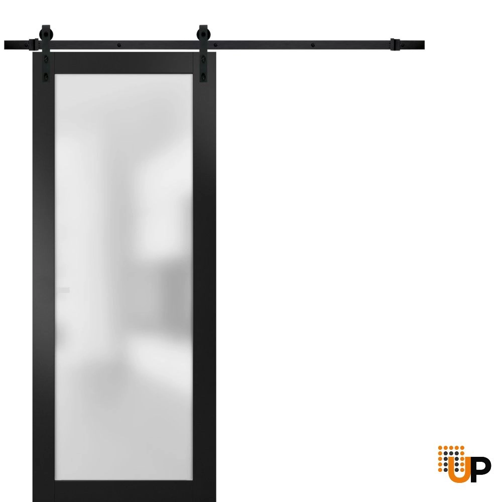 Single solid core sliding luxury interior barn door with frosted glass | Planum 2102 Black Matte | 18 x 80 photo#1