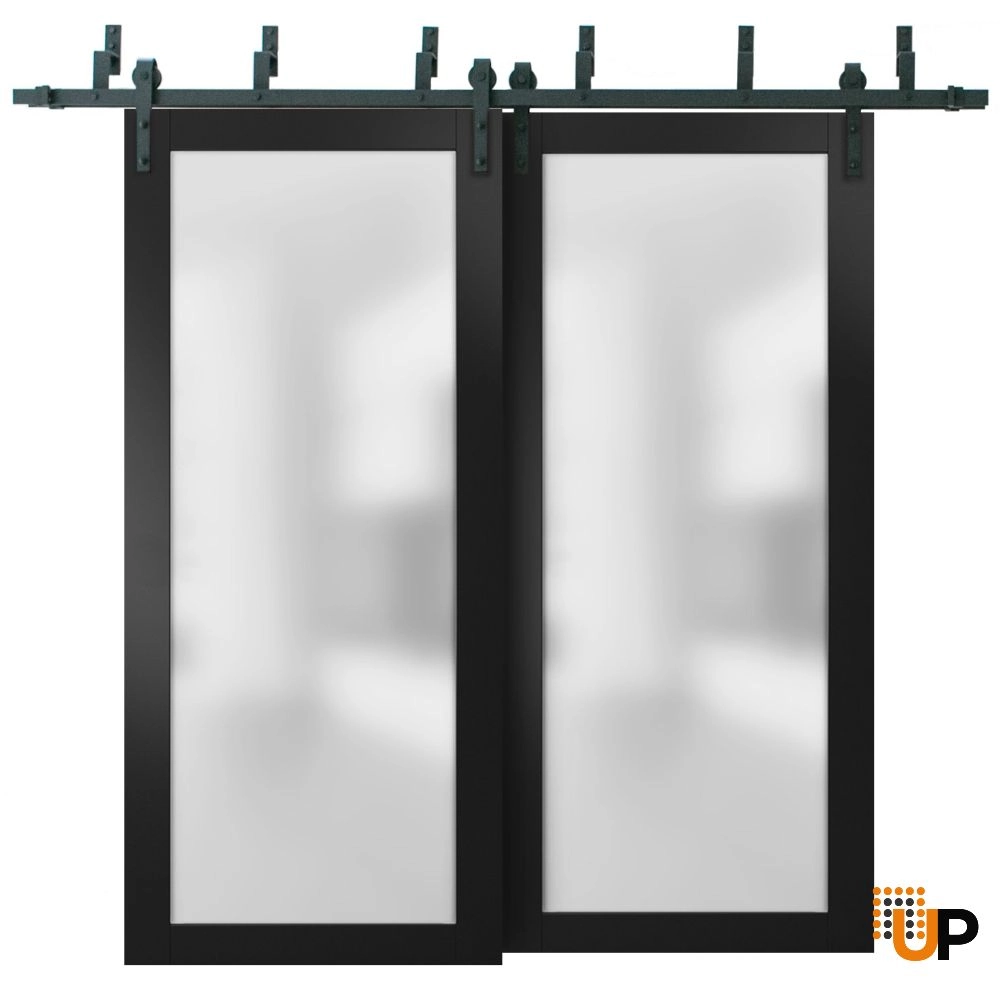 Double solid core sliding luxury interior barn bypass door with frosted glass | Planum 2102 Black Matte | 36 x 80 (2* 18x80) photo#1