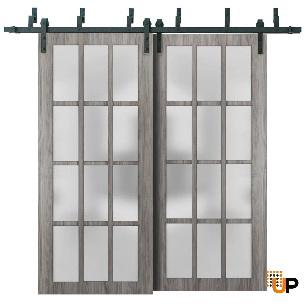 Double solid core sliding classic interior barn bypass door with frosted glass | Felicia 3312 Ginger Ash | 36 x 80 (2* 18x80) photo#1